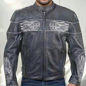 🖤Vtg.Moto Biker Heavy Black Leather Bomber Jacket Reflective  Skull Design